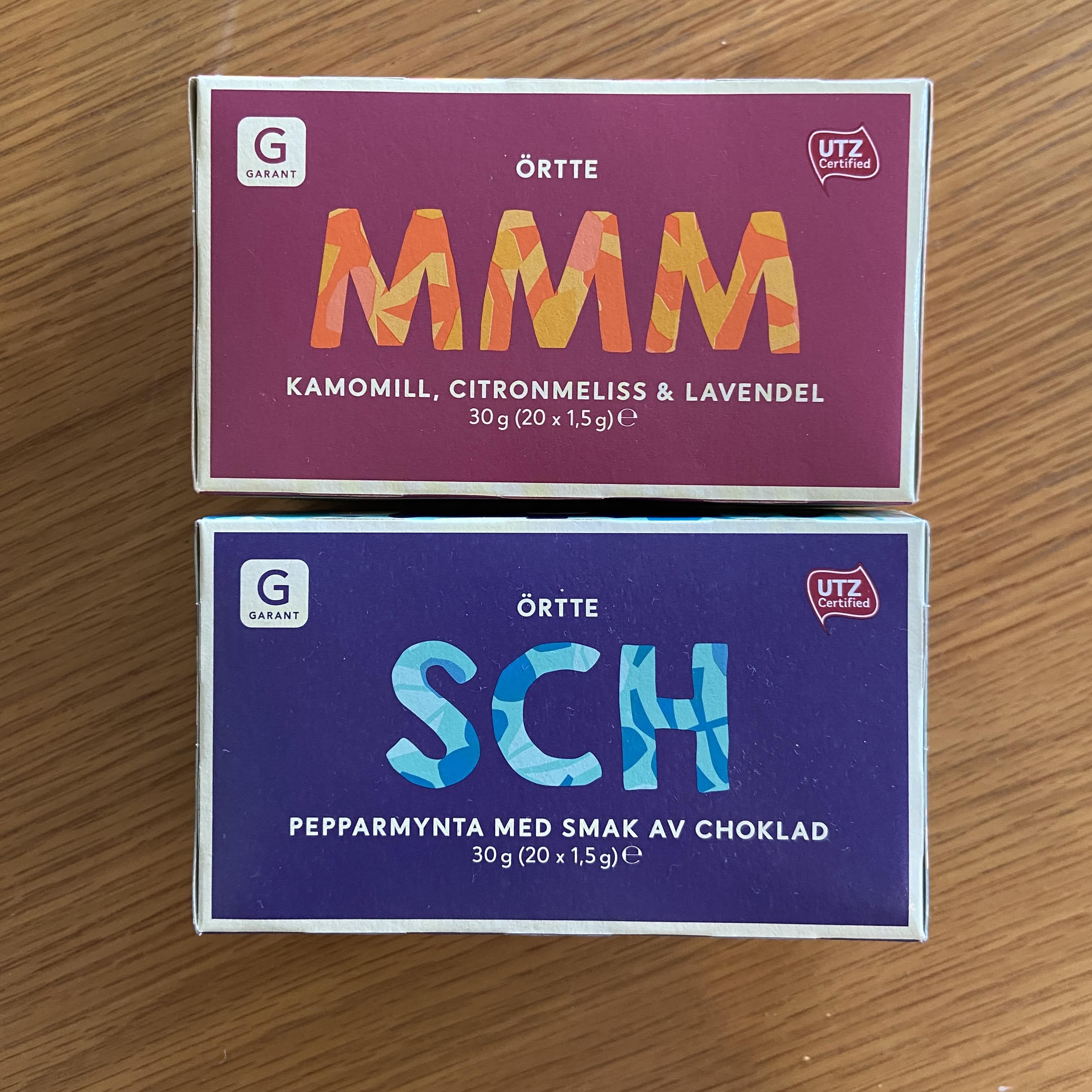 Two flavours of tea: camomile, lemon balm and lavender as well as mnt and chocolate